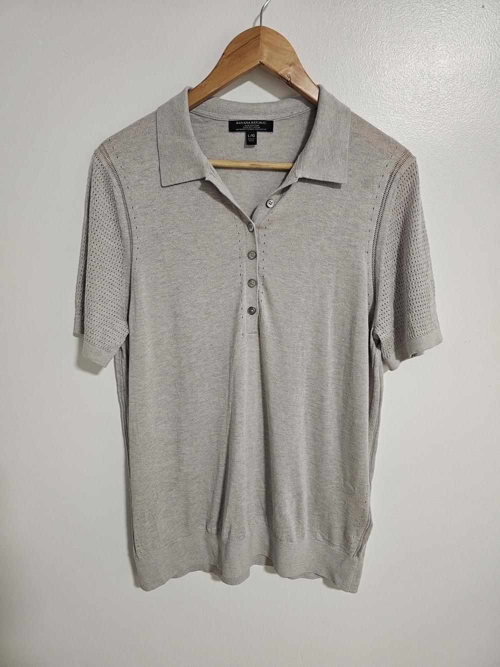 Banana Republic Light Gray Short Sleeve Knit Polo Silk Cotton Size Large